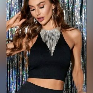 Zara BLACK SEAMLESS JEWEL HALTER CROP TOP